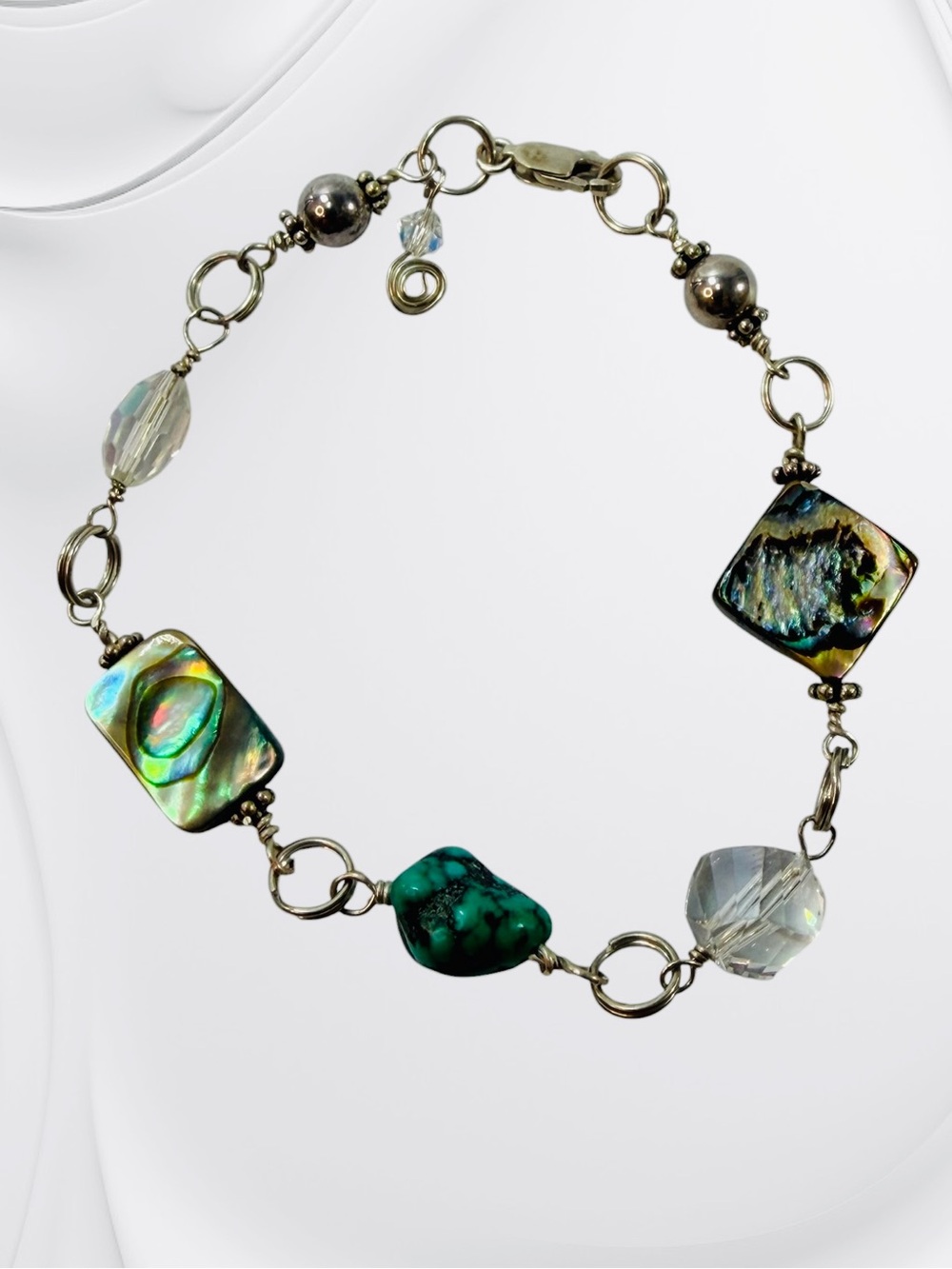 Sterling Silver 925 Turquoise Abalone Mother Of Pearl Clear Crystal Bracelet 7”